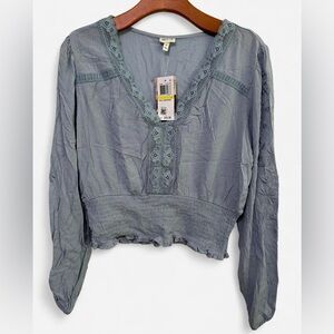 Self Esteem Blue V-Neck Lace Ruffled Blouse